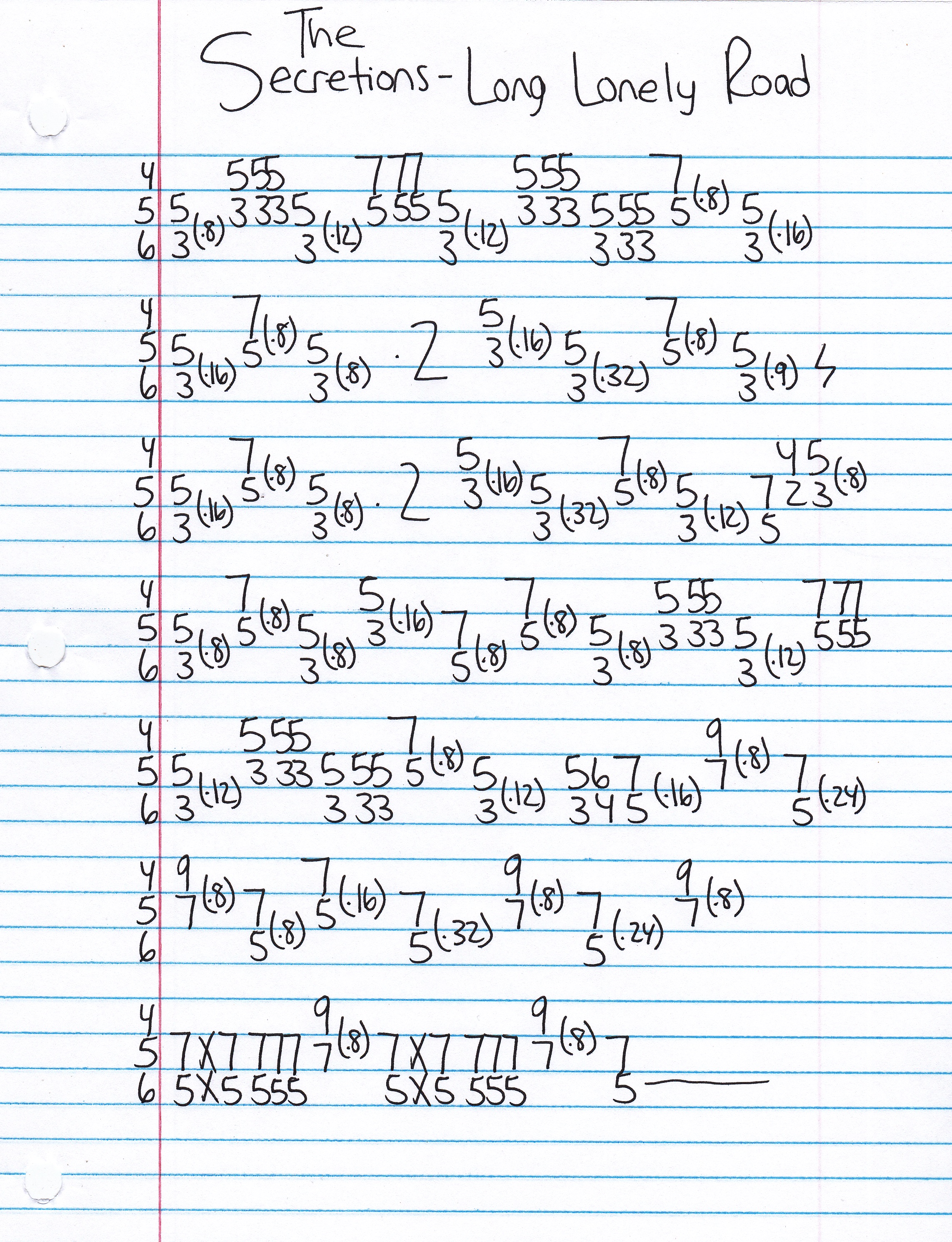 High quality guitar tab for Long Lonely Road by The Secretions off of the album Coming To Save The World. ***Complete and accurate guitar tab!***